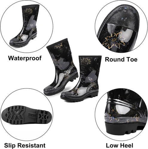 Miniatura 62 de DKSUKO Waterproof Womens Rain Boots insulated,Lightweight Rubber fashion Boots in Gardening,Warm and Comfortable Wide Calf Rain Boots with Glossy in