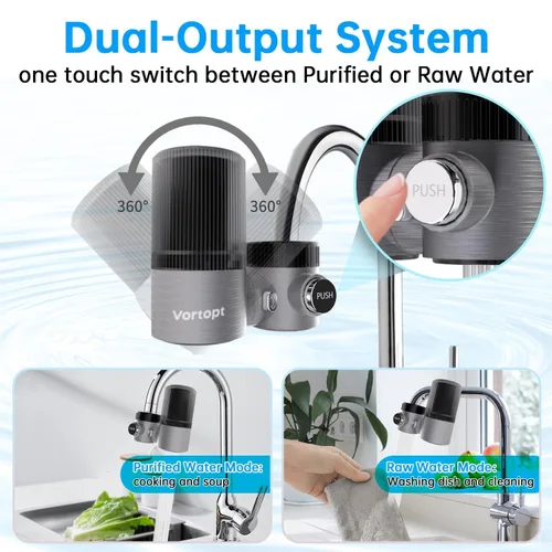 Miniatura 5 de Vortopt Filtro de agua avanzado para grifo de fregadero, filtro de fregadero de baño de ultrafiltración rotativa de 360 °, 400 galones, reduce