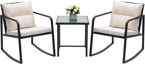 Devoko, Rocking Bistro - Juego o set de 3 piezas de mimbre para patio y exteriores, muebles para porche, sillas para conversar con mesa auxiliar de