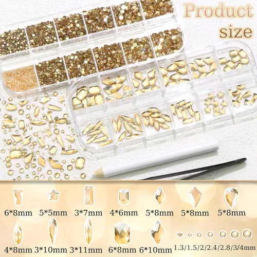 Miniatura 2 de 3520 diamantes de imitación de uñas color dorado champán para uñas, multiformas con parte trasera plana, diamantes de imitación redondos