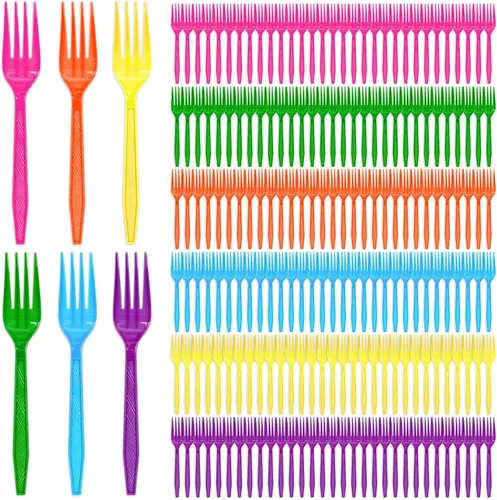 JarThenaAMCS Tenedor de plástico arcoíris de 150 piezas, 6 colores brillantes, desechable, tenedor de postre, utensilios de cubiertos de alta