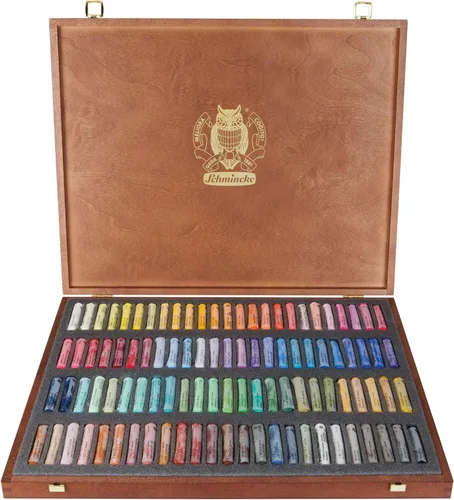 Schmincke - Pastel, Set de 100 colores, 77 100 097, caja de madera con 100 lápices pastel, pasteles hechos a mano, brillante, terciopelo mate,