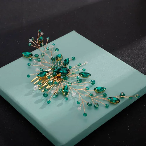 Miniatura 5 de Aimimier Peine para el cabello de cristal verde nupcial, con diamantes de imitación esmeralda, vid de graduación, fiesta, festival, boda, accesorios