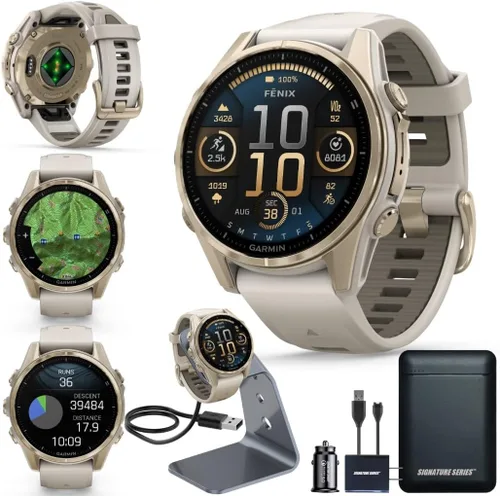 Reloj inteligente multideporte Garmin Fenix 8 Premium con GPS para correr, 43 mm | AMOLED, clasificado para buceo, linterna incorporada | Oro suave