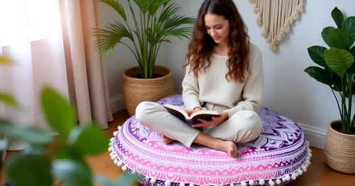 Miniatura 3 de CRAFT KALA Funda de Almohada Redonda Mandala Boho, Meditación India, Funda de Puffs para Asientos de Sala para Sala de Estar, Sala de Yoga, Rosa