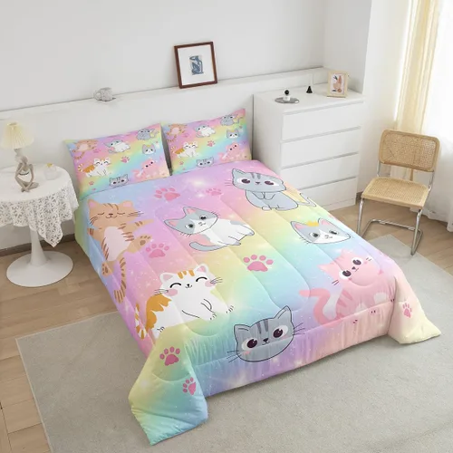Miniatura 32 de Erosebridal Juego de ropa de cama para niños, tamaño individual, diseño de gatos de dibujos animados, para niñas, niños y adolescentes, edredón
