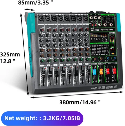 Miniatura 9 de Depusheng MX8 Mezclador de sonido de 8 canales Consola de mezcla de audio 48V 256DSP Profesional USB PC Play Record Podcast Live Broadcast (US MX8)
