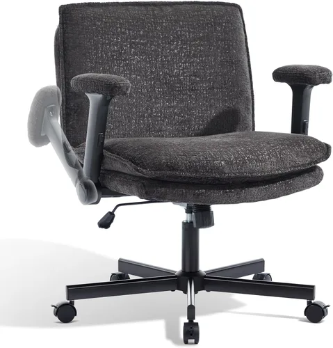 Silla Cruzada con Brazos Abatibles y Ruedas con Bloqueo, Silla de Escritorio de Oficina de Tela de Felpa con Patas Cruzadas, Silla Giratoria de Negro