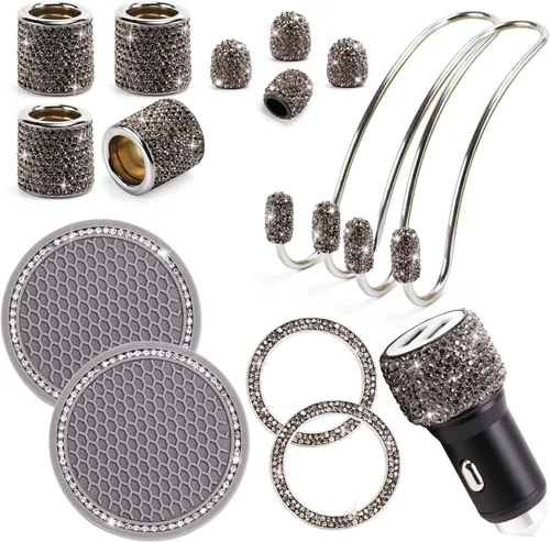 Miniatura 16 de ToBeQueen Juego de accesorios de automóvil con brillos para mujer y niña, collares para reposacabezas de automóvil con brillos, cargador