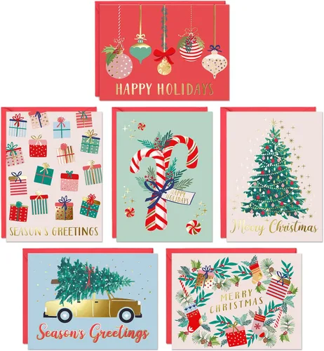 Sweetzer & Orange - Juego de tarjetas de Navidad - 24 tarjetas de fiesta con lámina de oro y sobres rojos – 6 diseños surtidos en caja para fácil