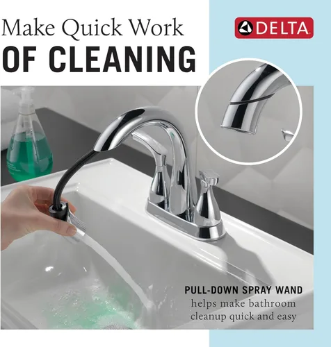 Miniatura 2 de Grifo de baño Delta Broadmoor de centro cromado con rociador, grifo de fregadero de baño de 4 pulgadas y 3 agujeros con rociador extraíble, drenaje