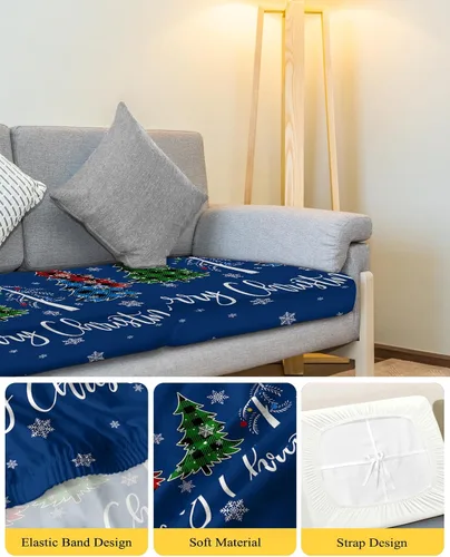 Miniatura 4 de Navy Blue Christmas Couch Cushion Covers, Stretch Sofa Cover with Elastic Bottom, Xmas Tree Winter Snowflake Sofa Slipcovers Protector Washable