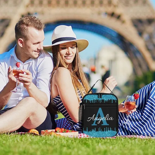 Miniatura 6 de Bolsa de almuerzo con nombre personalizado para hombres y mujeres, con monograma de purpurina azul, hielera, portátil, con nombre, para niñas, azul