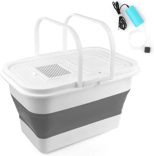 Hikary Cubo de pesca de 13 litros con mini bomba de oxígeno, contenedor de transporte de peces, plegable, portátil, plegable, plegable, caja Gris