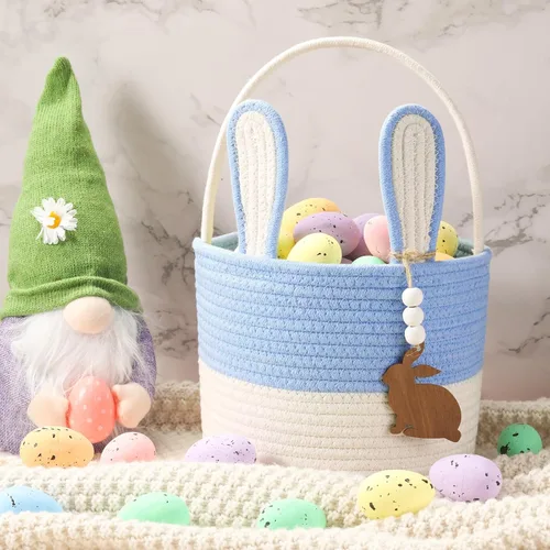 Miniatura 3 de SiliFine Cesta de Pascua para niños, cesta de conejo de Pascua con etiqueta de nombre, oreja de conejo desmontable, regalo tejido rústico para niñas