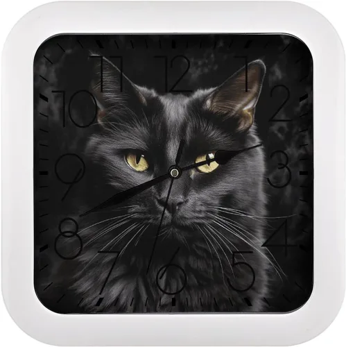 Reloj de pared cuadrado moderno de 10 pulgadas, con estampado de gato negro sobre fondo negro, funciona con pilas, silencioso sin tictac, único y