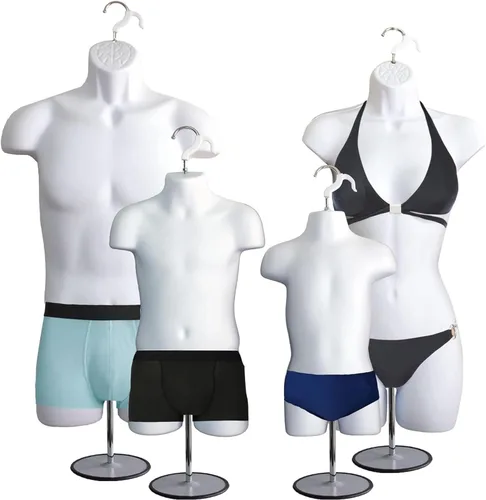 Miniatura 20 de 4 formas de maniquí negro con soportes de metal - Juego de maniquíes colgantes de torso largo para hombre, mujer, niño y bebé con cadera