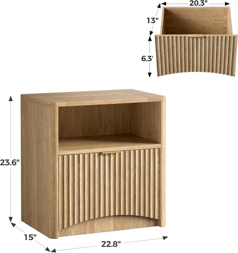 Miniatura 2 de Evermagin Mesita de noche acanalada, mesita de noche de roble natural con cajón y almacenamiento, mesa auxiliar de madera moderna de mediados