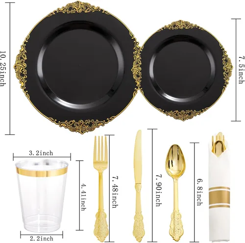 Miniatura 5 de Hioasis 210 platos negros y dorados, platos de fiesta negros para 30 invitados, incluye 60 platos resistentes (20% más gruesos que el estándar), 30