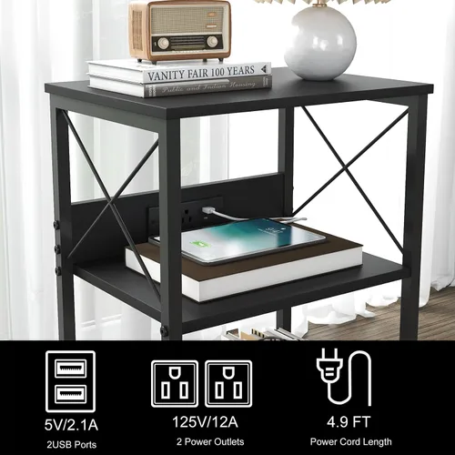 Miniatura 4 de Sthmec - Mesa auxiliar de 3 niveles con estación de carga, tocadiscos LED para almacenamiento de vinilo, estante de discos para álbumes, mesas