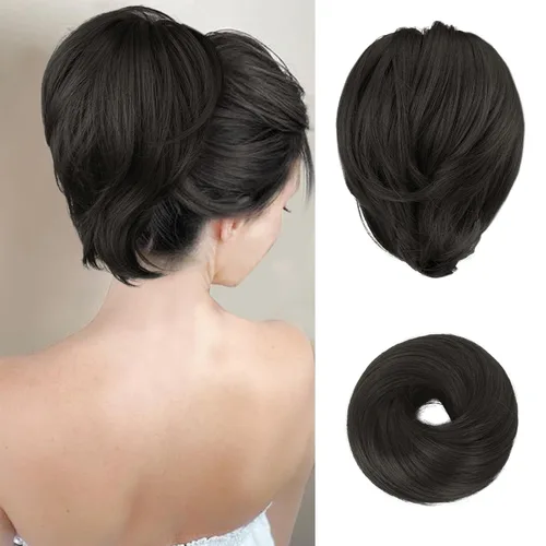 Miniatura 12 de BARSDAR Extensión de cola de caballo y moño de pelo de cobre, extensiones de moño corto sintético liso elástico para mujer, moños desordenados