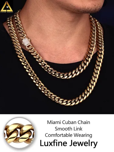 Miniatura 4 de Cadena de eslabones cubanos Miami de 10/12mm, chapado en oro real de 14 quilates, collar de acero inoxidable de alta calidad, joyería hip-hop