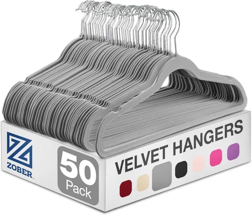 Zober - Paquete de 50 perchas de terciopelo gris para abrigos, pantalones y ropa de vestir; perchas de fieltro fuertes y antideslizantes con ahorro
