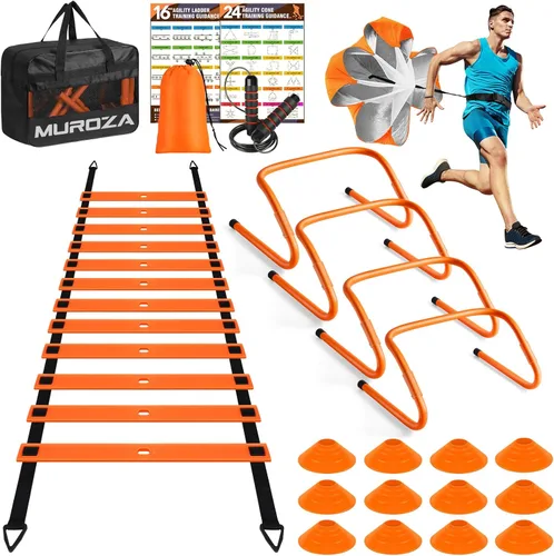 MUROZA Agility Ladder, Agility Speed Training Equipment Set, 20ft Speed Ladder, 12 Soccer Cones, 4 Hurdles, Jump Rope, Running Parachute, Soccer