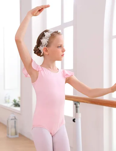Miniatura 5 de Domusgo Leotardos de gimnasia de ballet con mangas con volantes para niñas y adolescentes, color rosa, negro y morado, Púrpura