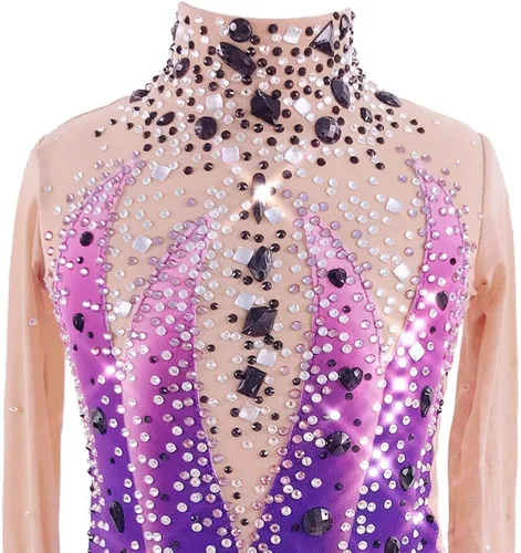 Miniatura 2 de Patinaje Artístico Vestido Niñas Púrpura Spandex Competición Falda Calidad Cristales Patinaje Disfraces