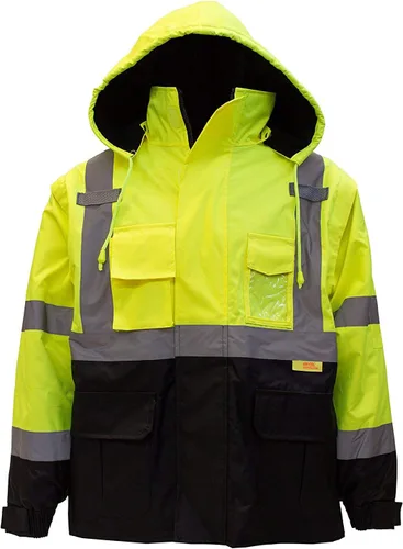 Miniatura 2 de NY Hi-Viz Workwear J8511/J8512 Ansi Class 3 - Chaqueta de seguridad de alta visibilidad con cremallera, bolsillo de PVC, parte inferior negra Lima