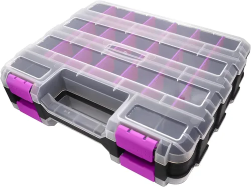 Caja organizadora de herramientas, caja de almacenamiento de piezas pequeñas, 50 compartimentos, organizadores de hardware de doble cara con Púrpura