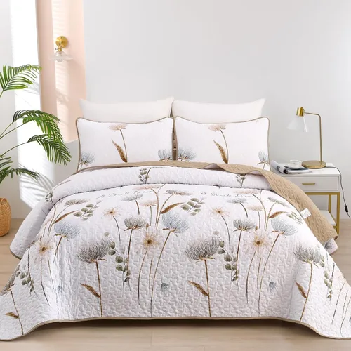 Miniatura 38 de Dinjoy Juego de colcha floral tamaño Queen, colcha azul agua tamaño Queen de 3 piezas, juego de ropa de cama ligera de estilo granja, colcha