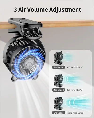 Miniatura 5 de GOTOTO Ventilador de clip, ventilador pequeño personal portátil recargable con batería de 2000 mAh, potente diseño de clip, 3 velocidades de viento