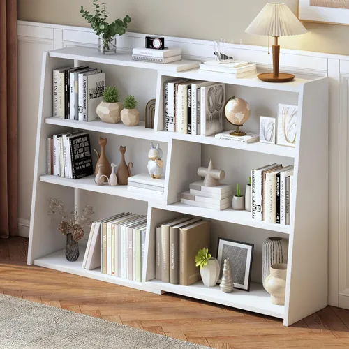 Miniatura 13 de IOTXY Estantería de madera extensible – Estantería con escalera de 3 niveles, baja y corta para espacios pequeños o esquinas, roble, L