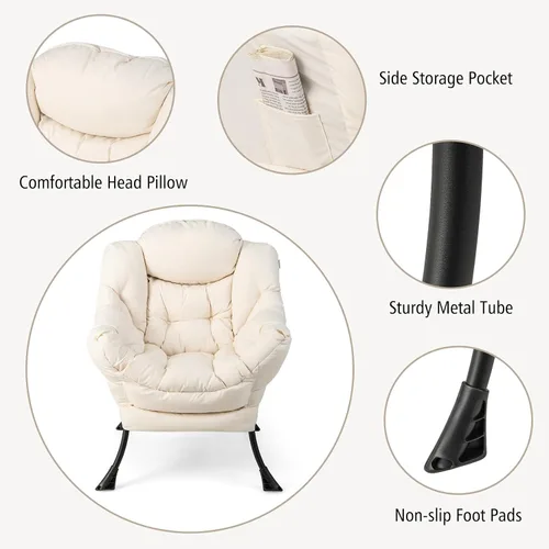 Miniatura 6 de Giantex Silla perezosa con otomana, sofá decorativo con reposapiés plegable, bolsillo de almacenamiento lateral, sillón tapizado de ocio con Beige