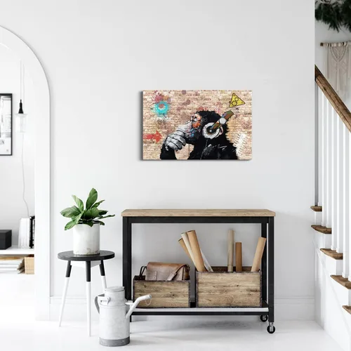 Miniatura 5 de MGSBCXN Lienzo decorativo de pared de graffiti, Banksy, impresión artística de DJ Mono Pensativo con auriculares, pintura artística de arte pop Mono