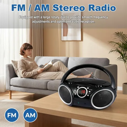 Miniatura 4 de SINGING WOOD 030C Reproductor de CD portátil Boombox AM FM Radio de sintonización analógica, línea auxiliar, conector para auriculares, asa