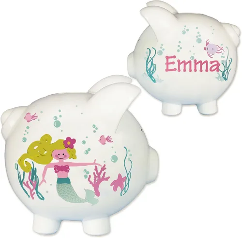 My Bambino Hucha personalizada pintada a mano para niñas, grande, de cerámica, color blanco, tapón extraíble (sirena)