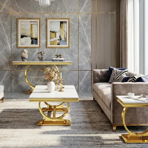 Miniatura 9 de Asday Mesa de centro dorada y blanca, mesa de centro rectangular de mármol dorado, mesa central elegante de lujo para sala de estar, pasillo