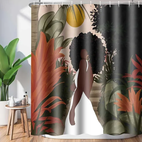 Miniatura 11 de Cortina de ducha de mujer afroamericana, sexy, de 36 x 72 pulgadas, poliéster, abstracto, bohemio, tropical, hojas de plantas tropicales, juego