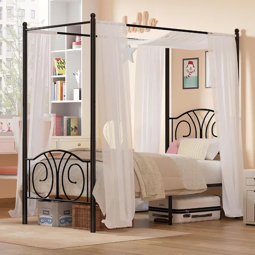 Miniatura 5 de VECELO Base de cama con dosel de metal, tamaño individual, base de colchón con plataforma de 4 pósteres con cabecero, soporte de listones de acero