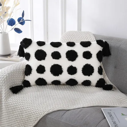 Miniatura 12 de PANOD Fundas decorativas de cojín de estilo casa de campo súper suaves y mullidas, 16 x 16 pulgadas, color negro, con pompones sólidos, mechones