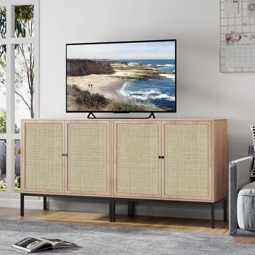 Miniatura 14 de Brafab Aparador negro con puertas decoradas de ratán natural, 31.5 pulgadas de ancho, armario de almacenamiento de ratán Credenza, gabinete bohemio