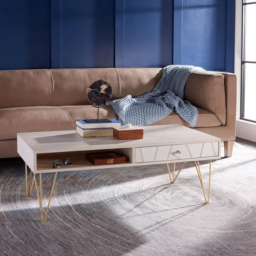 Miniatura 2 de Safavieh Home Collection Mesa de centro con patas de horquilla de latón y lavado blanco de mediados de siglo de caléndula Blanco lavado y latón