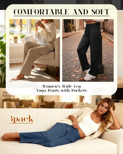 Miniatura 58 de Neer - Conjunto de 3 pantalones de yoga de pierna ancha para mujer - Pantalones deportivos cómodos, holgados, de cintura alta y casuales