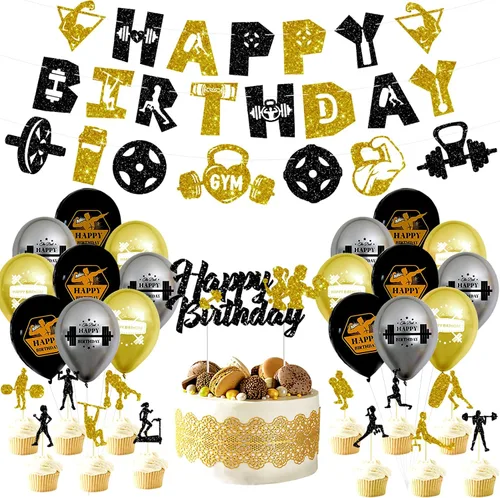 KEFAN Decoraciones de fiesta de cumpleaños de gimnasio, suministros de fiesta temática de fitness negro y dorado con globos de látex, decoración de