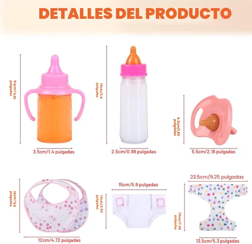 Miniatura 4 de CARANOVO Juego de accesorios para muñecas de bebé, 7 piezas, juego de alimentación y cuidado con botellas mágicas que desaparecen, chupete, pañales