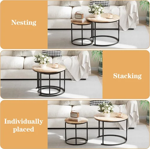 Miniatura 6 de Garden 4 you Mesa de Centro Anidable, Juego de Mesa de Centro Redonda de 23.6", Juego de 2 Mesas Anidables de Madera con Marco de Metal, Mesas