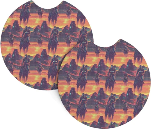 2Pcs Car Coasters for Women Men - 2.7 Inch Cyber Retro Western Cowboy Print Car Cup Coasters, Universal Non-Slip Silicone Auto Mug Mats Recessed